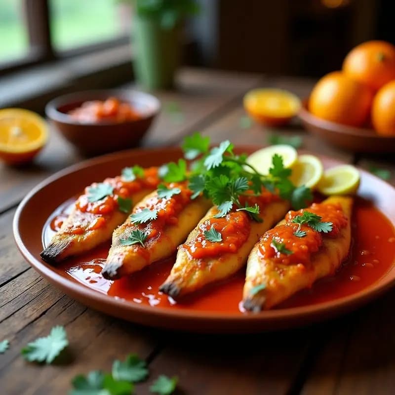 Filetes de pescado a la talla dorados al grill, cubiertos con una salsa espesa de achiote y naranja, decorados con cilantro fresco y gajos de limón, servidos en un plato de barro rústico sobre una mesa de madera con fondo de cocina mexicana tradicional.