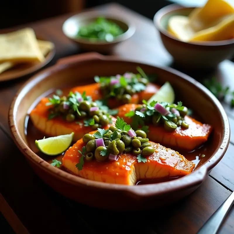 Filetes de pescado a la talla veracruzana horneados, cubiertos de una marinada oscura y aromática de chiles, con cebolla morada juliana y cilantro fresco. Plato servido en bandeja rústica de barro con rodajas de limón verde.