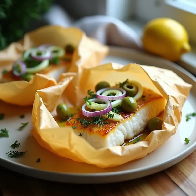 Filetes de bacalao en papillote abiertos sobre plato blanco, con limón, aceitunas verdes, hinojo y eneldo fresco. Receta noruega baja en calorías y jugosa.