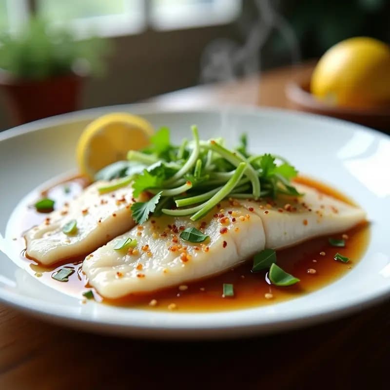 Filetes de merluza al vapor en un plato blanco, cubiertos con juliana de jengibre fresco, tiras de cebolla verde y hojas de cilantro. Acompañados de rodajas de limón y un chorrito de salsa de soja, receta china saludable y baja en calorías.