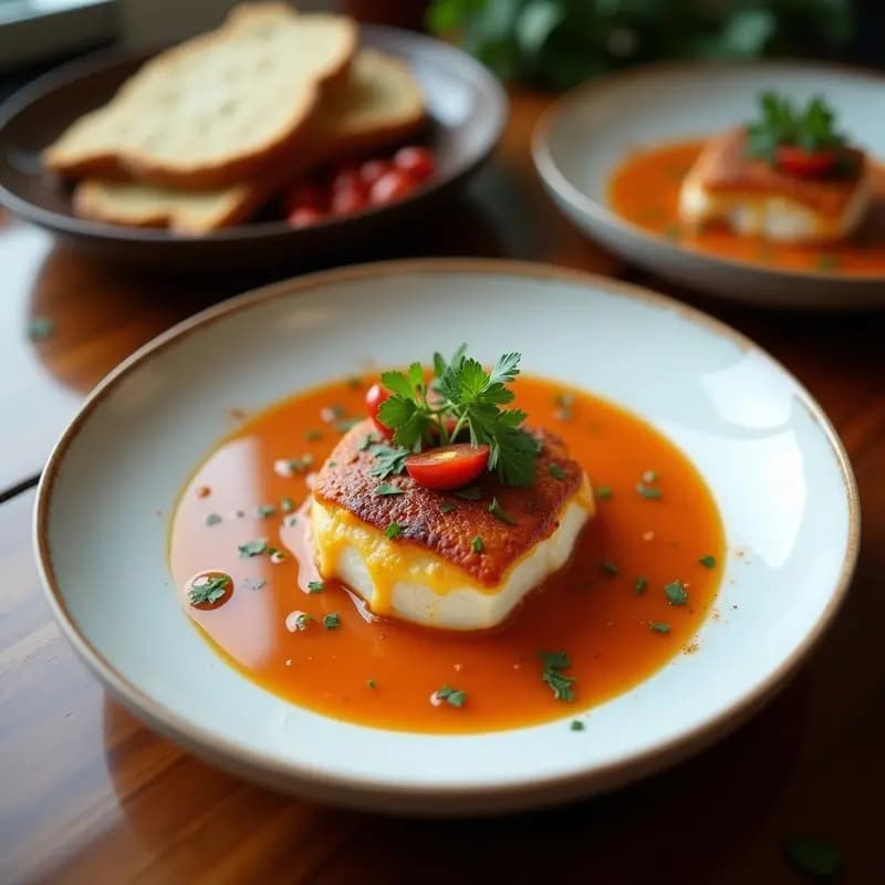 Filetes de merluza dorados en sartén, bañados en una salsa espesa de jitomate, aceitunas kalamata y alcachofas, decorados con perejil fresco. Plato típico de pescado a la veracruzana con toque mediterráneo.