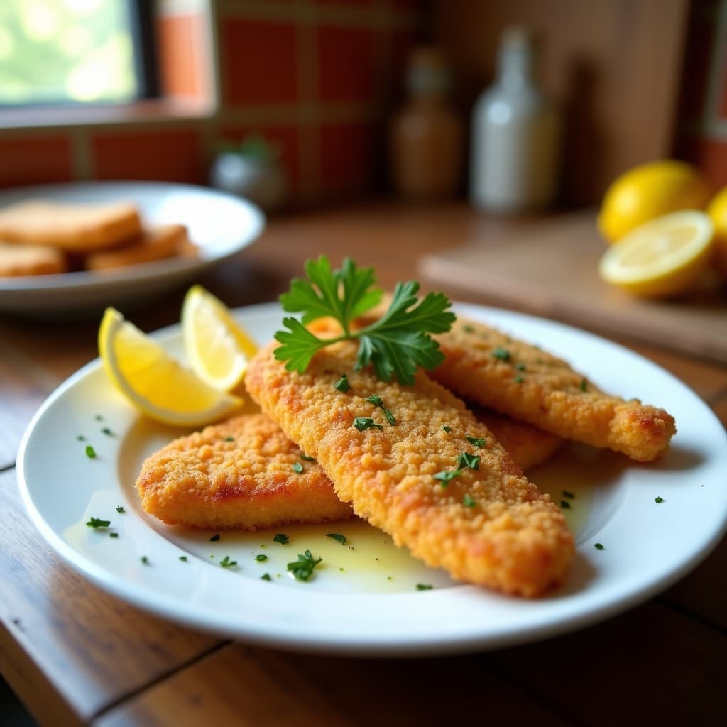 Pescaíto frito de corvina dorado y crujiente rebozado con harina de garbanzo, servido en un plato blanco con rodajas de limón y perejil fresco, fondo de cocina rústica andaluza.