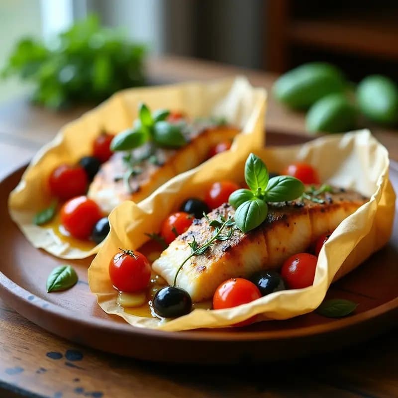 Filetes de lubina al horno en papel de horno abierto, rodeados de tomates cherry asados, aceitunas, alcaparras y hojas de albahaca fresca, con jugos dorados brillantes. Receta italiana de pesce al cartoccio.