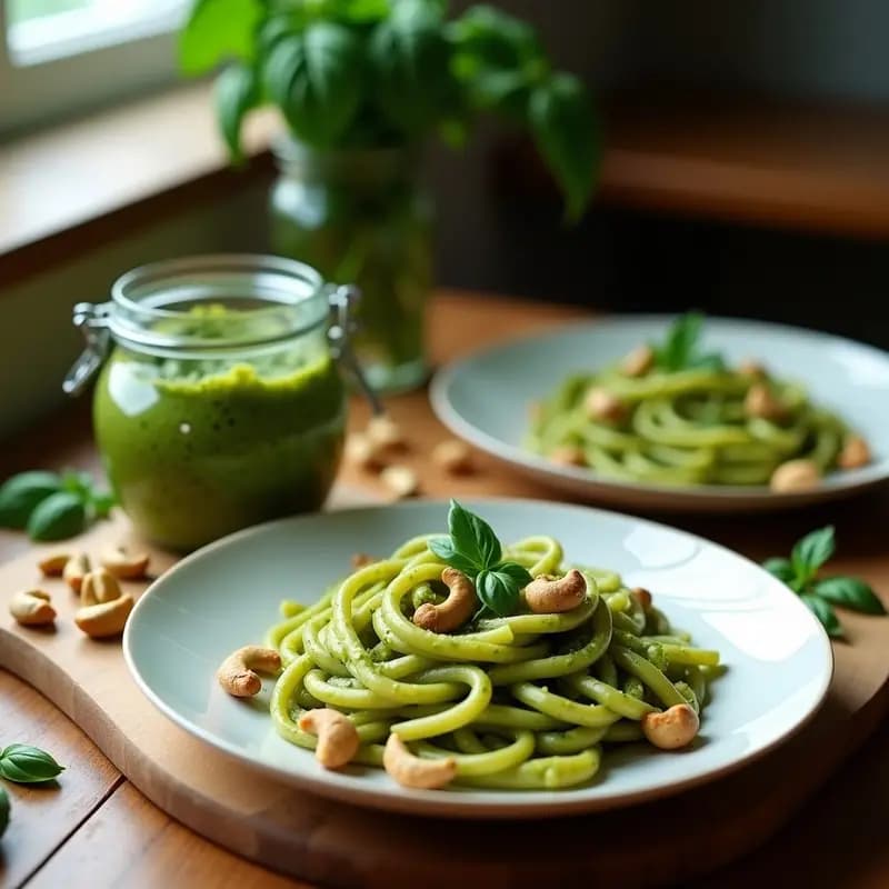Tarro de vidrio transparente lleno de pesto de albahaca y anacardos sin lácteos, de color verde vibrante, con trocitos de anacardos visibles. Acompañado de una cuchara de madera y hojas de albahaca fresca sobre una tabla de madera rústica, con un fondo desenfocado de pasta integral.