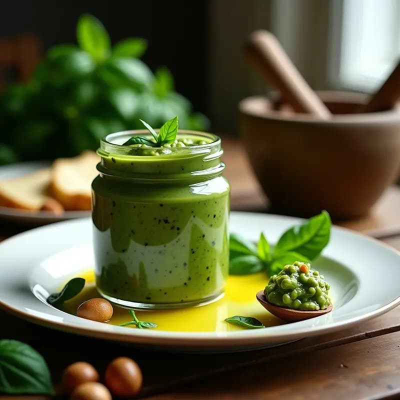 Tarro de vidrio transparente con pesto de albahaca y espinacas de color verde intenso, coronado con trocitos de nueces de macadamia y un hilo de aceite de oliva. Al fondo, hojas frescas de albahaca y espinacas sobre una tabla de madera rústica.