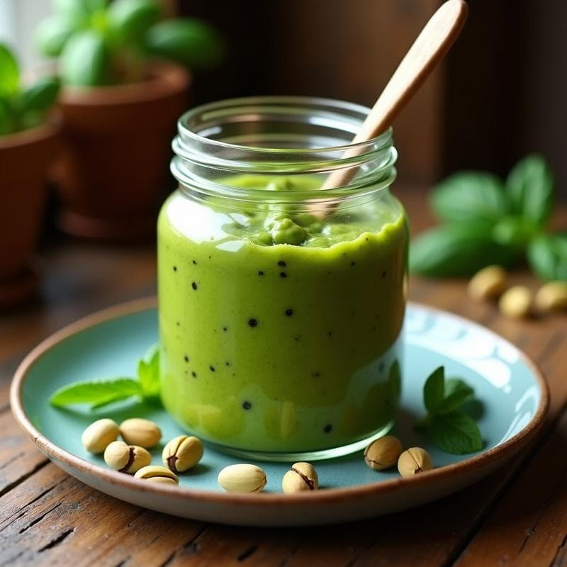 Tarro de cristal transparente lleno de pesto vegano de albahaca y pistacho sin queso, con trocitos de pistacho visibles y un color verde intenso, acompañado de una cuchara de madera y hojas de albahaca fresca alrededor. Receta italiana fácil en Thermomix.