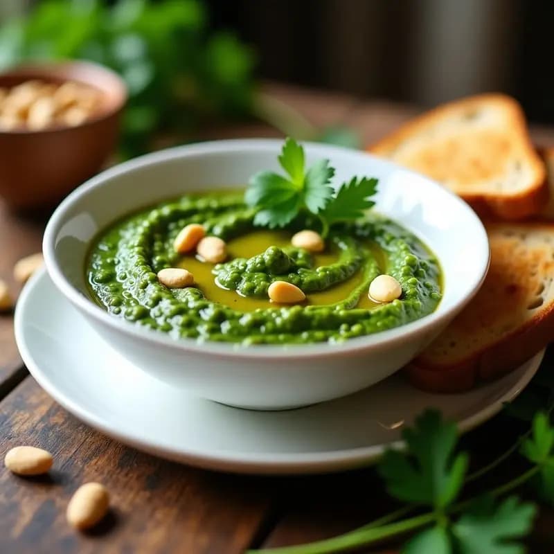 Bowl de cerámica blanca con pesto de cilantro y maní vegano, de color verde intenso con trozos visibles de maní. Acompañado de tostadas de pan integral y un fondo con hojas de cilantro fresco. Receta argentina sin lácteos.