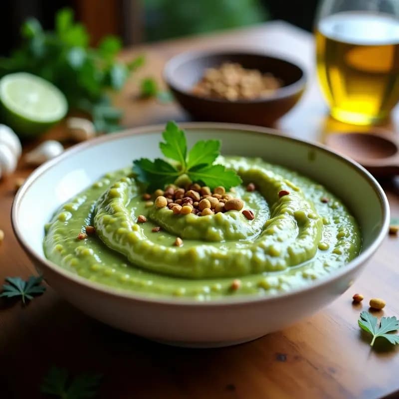 Tazón de cerámica blanca con pesto de cilantro y pistacho de color verde vibrante, espolvoreado con pistachos picados y hojas de cilantro fresco. Al fondo, pasta al dente y tacos dorados con esta salsa italiana de toque mexicano.