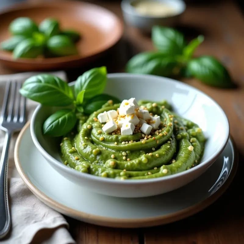 Tazón de pesto de espinacas y queso feta sin frutos secos, de color verde vibrante con trocitos blancos de queso, servido sobre pasta fresca y decorado con hojas de albahaca y virutas de limón.