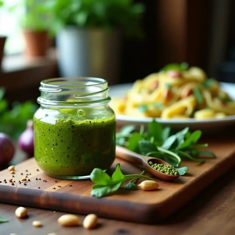 Tarro de vidrio transparente lleno de pesto de rúcula y piñones vegano, con textura cremosa y color verde intenso, rodeado de hojas de rúcula fresca, piñones tostados y una cuchara de madera. Plato de pasta integral al fondo con un hilo de aceite de oliva.