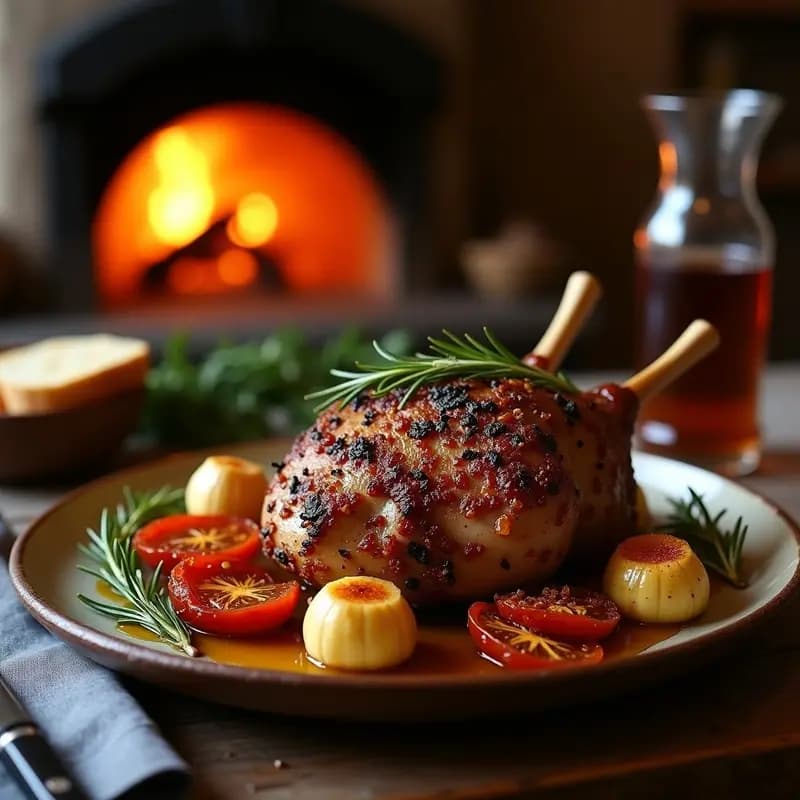 PExternal de cordero al romero y ajo asado en horno de leña, servido en bandeja de barro con ajos dorados, ramitas de romero fresco y tomates secos, fondo rústico con luz cálida.