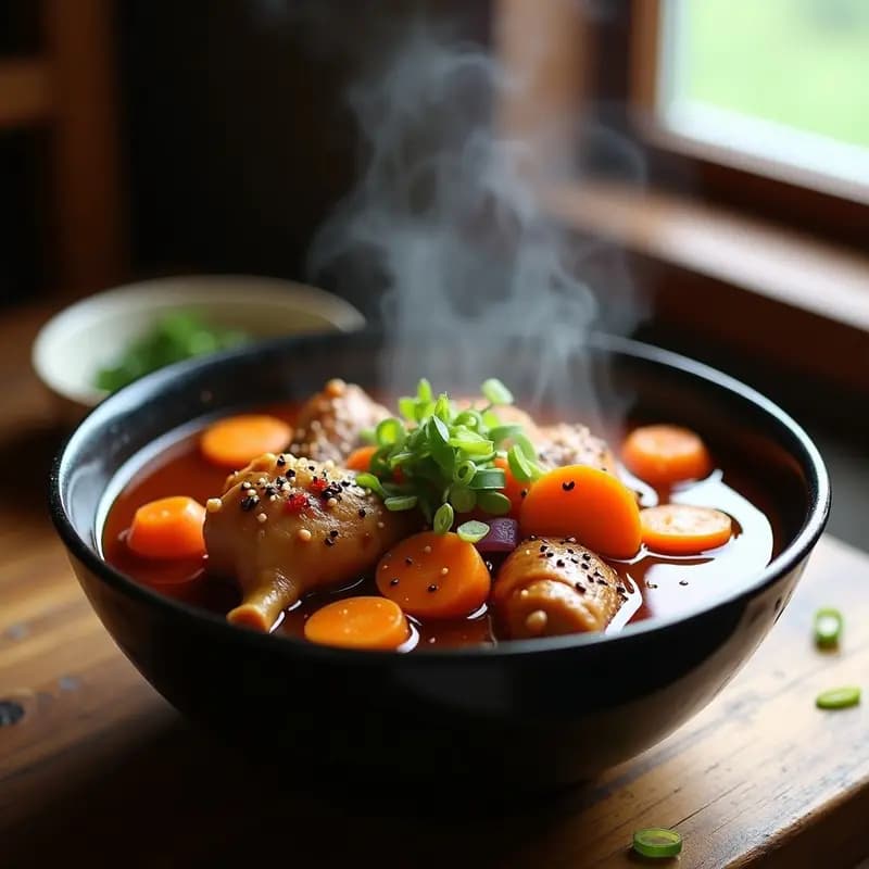 Cuenco hondo de cerámica negra con pgoto de pollo y batata, estofado coreano en olla lenta, rodeado de semillas de sésamo y cebollino fresco, con fondo de mesa rústica.