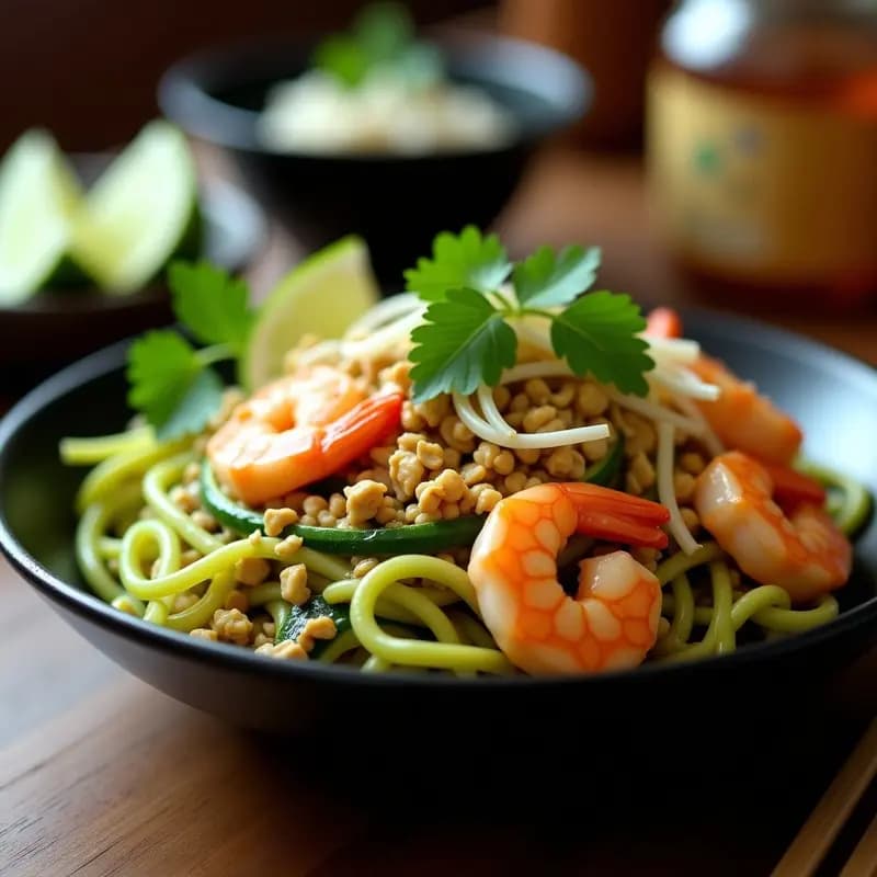 Plato de Phad Thai de calabacín keto con gambas rosadas, fideos de calabacín dorados, cacahuetes picados y cilantro fresco, servido en un bol de cerámica negra con rodajas de lima al lado.