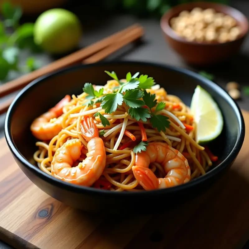 Plato hondo de cerámica blanca con Phad Thai de camarones con fideos de arroz y tamarindo, decorado con cacahuetes tostados, cilantro fresco y gajos de lima. Los fideos brillantes están salteados con trozos de huevo, cebolla morada y camarones rosados, con un fondo de salsa agridulce. Receta tailandesa clásica.