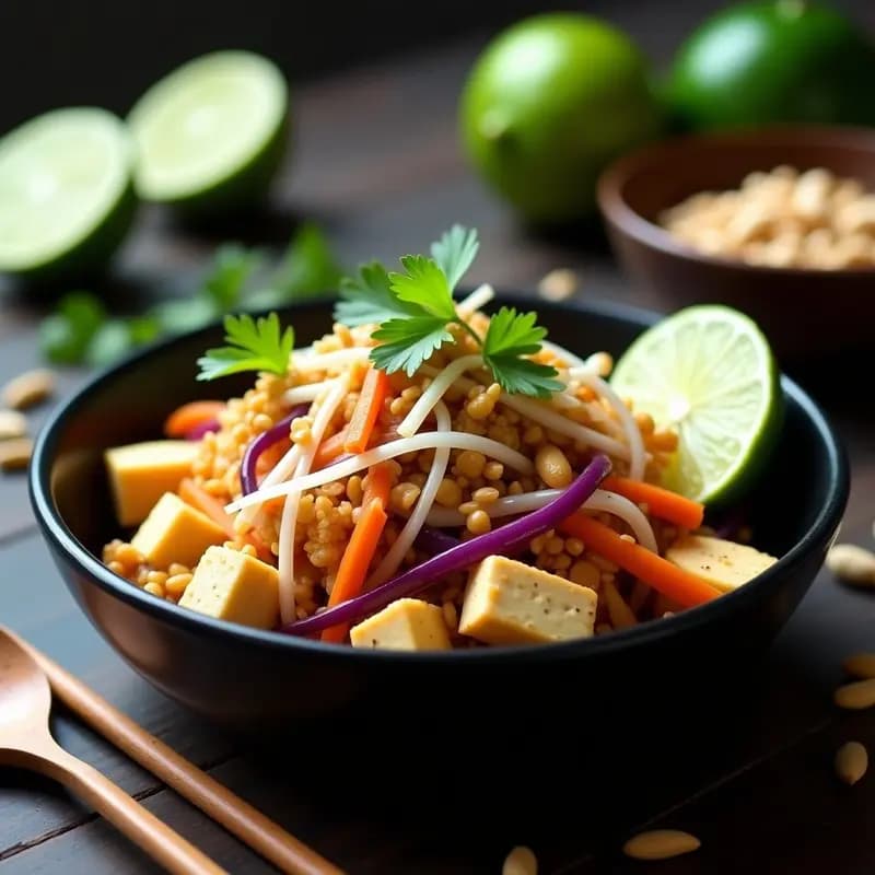Plato hondo de cerámica negra con Phad Thai vegano: tiras doradas de coliflor marinadas, tofu crujiente dorado, brotes de soja frescos, cacahuetes tostados y salsa tamarindo brillante, decorado con cilantro y chile rojo. Receta tailandesa alta en proteína.
