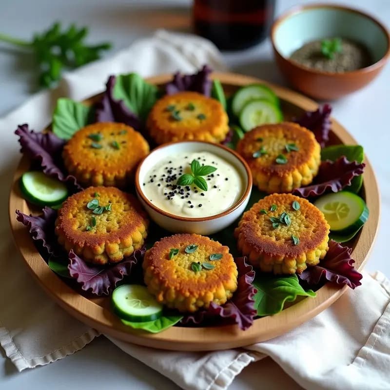Phalafel crudivegano libanés de garbanzos verdes germinados con hierbas frescas, servido en plato de madera con salsa de tahini de sésamo negro, lechuga morada y rodajas de pepino. Textura dorada y crujiente por fuera, tierna por dentro.