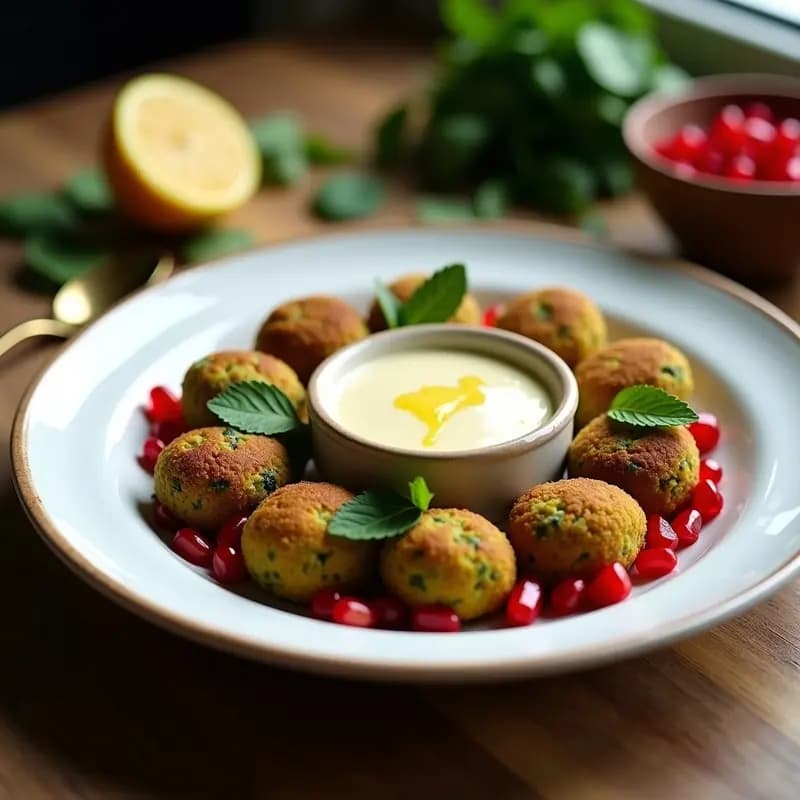 Plato de phalafel palestino dorado en olla lenta, servido con salsa de tahini cremosa, semillas de granada rojas y hojas de menta fresca sobre un fondo rústico de madera.