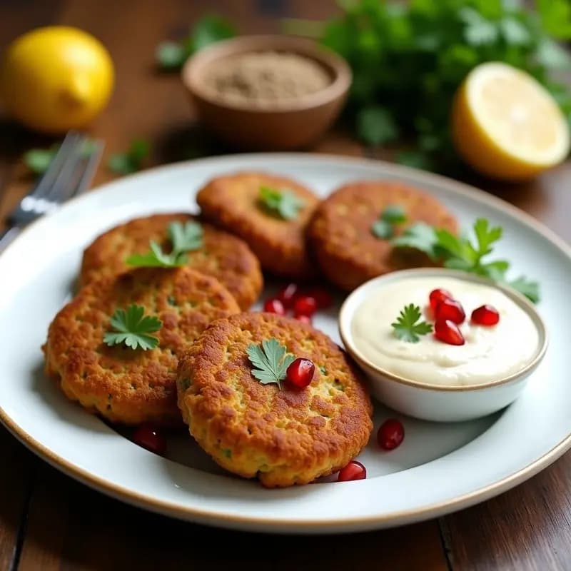 Plato de cerámica blanca con phalafel iraquí dorado y crujiente, acompañados de salsa cremosa de tahini y semillas de granada rojas. Fondo rústico con hierbas frescas y especias al lado.