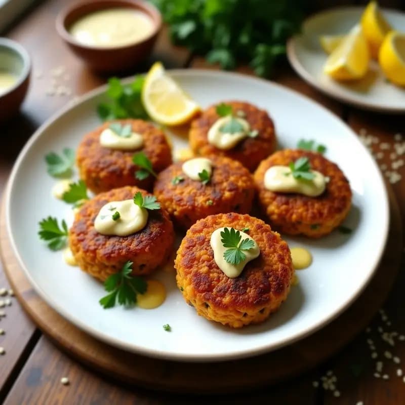 Phalafel de lentejas rojas dorados y crujientes servidos en un plato blanco con salsa de limón y ajo cremosa, decorados con perejil fresco y rodajas de limón. Receta libanesa vegana sin fritura.