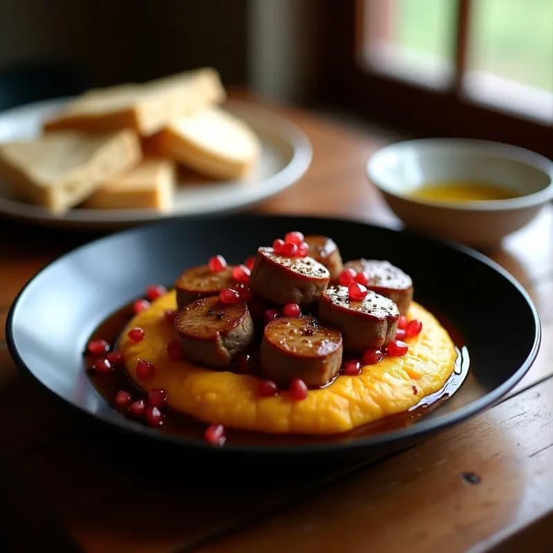 Plato hondo de cerámica blanca con Phalen de Cerdo en trozos dorados y jugosos sobre un puré de ñame cremoso y terroso, espolvoreado con sumac y decorado con hilo de aceite de oliva. Receta libanesa de vanguardia en olla express.