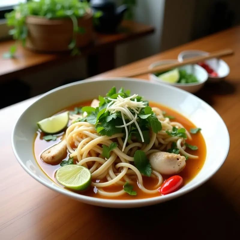 Bol grande de cerámica blanca con Pham So Ga: fideos de arroz finos cubiertos de caldo dorado, tiras de pollo tierno, hierbas frescas (menta, cilantro y albahaca tailandesa), brotes de soja, rodajas de lima y chile rojo. Plato ligero y sin gluten con texturas vibrantes.