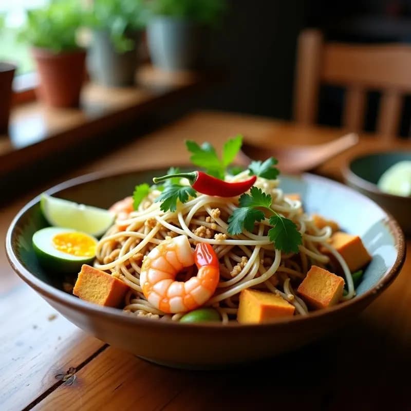 Plato de Phat Thai de camarones y tofu sin gluten en sartén, con fideos de arroz integral, tofu dorado, camarones rosados, huevo de codorniz en tiras, brotes de soja, cacahuetes tostados y cilantro fresco, decorado con gajos de lima y chile tailandés.