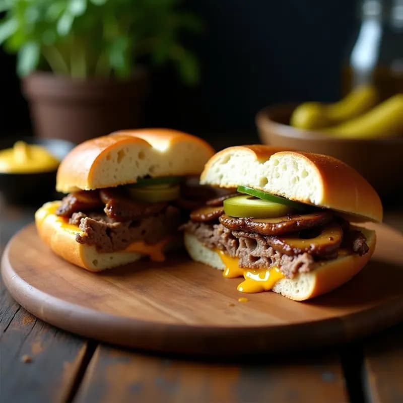 Sándwich Philly Cheesesteak vegano abierto mostrando champiñones portobello salteados, cebolla morada caramelizada, pimiento rojo y queso vegano derretido sobre pan baguette tostado, servido en un plato de madera con fondo rústico.