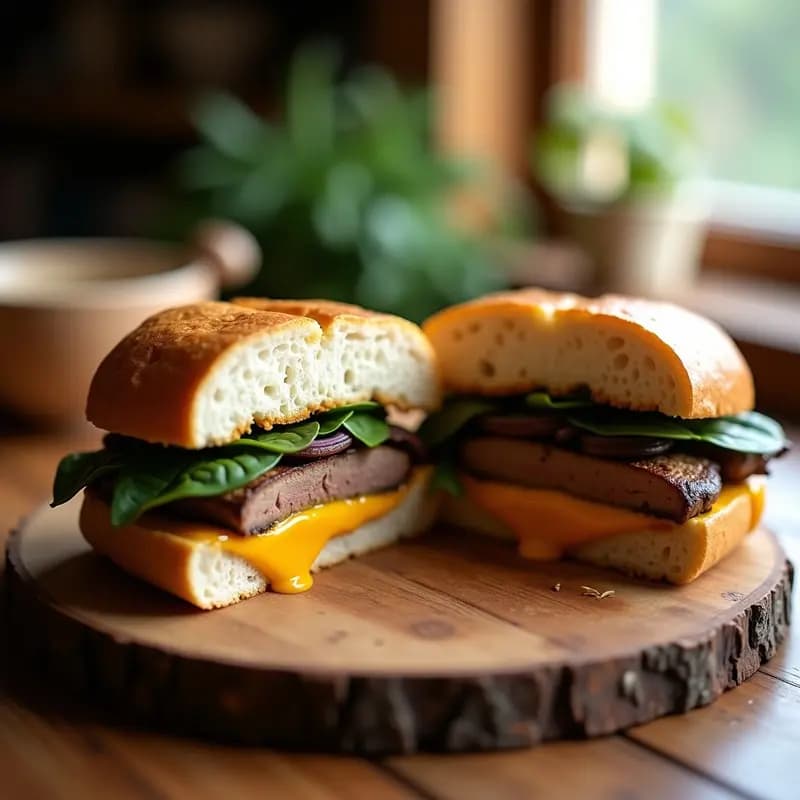 Sándwich Philly Cheesesteak vegano con Hongos Portobello salteados, cebolla morada, pimiento verde y queso vegano derretido en pan baguette tostado, servido en tabla de madera con mostaza Dijon.