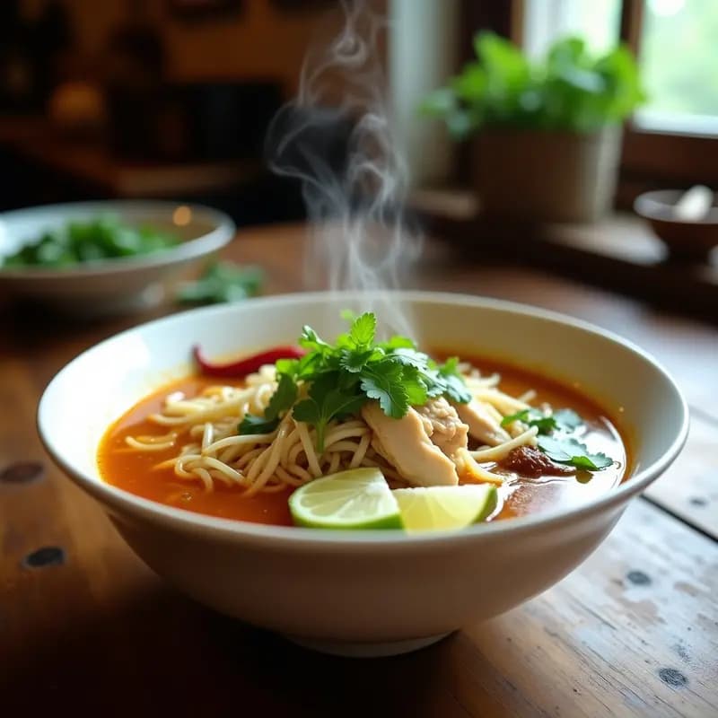 Cuenco hondo de cerámica blanca con pho ga keto: caldo dorado aromático con trozos de pollo desmenuzado, fideos de konjac translúcidos, brotes de soja, hojas de cilantro y menta fresca. Decorado con rodajas de limón y chile rojo al lado. Plato tradicional vietnamita adaptado a dieta keto, servido en olla exprés.