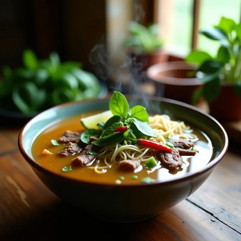 Cuenco hondo de cerámica blanca con pho vietnamita de res, caldo dorado y transparente, fideos de arroz, tiras de carne de res, albahaca tailandesa fresca, germinados de soja y brotes de mung bean. Acompañado de gajos de lima y chile rojo fresco sobre una mesa de madera rústica con fondo borroso.