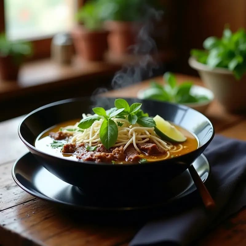 Bol hondo de cerámica negra con pho vietnamita de ternera y arroz fideo, caldo dorado humeante, trozos de carne tierna, brotes de soja frescos, cilantro y menta. Fondo rústico de madera con limón verde y salsa de pescado al lado. Receta tradicional en olla lenta y sin gluten.