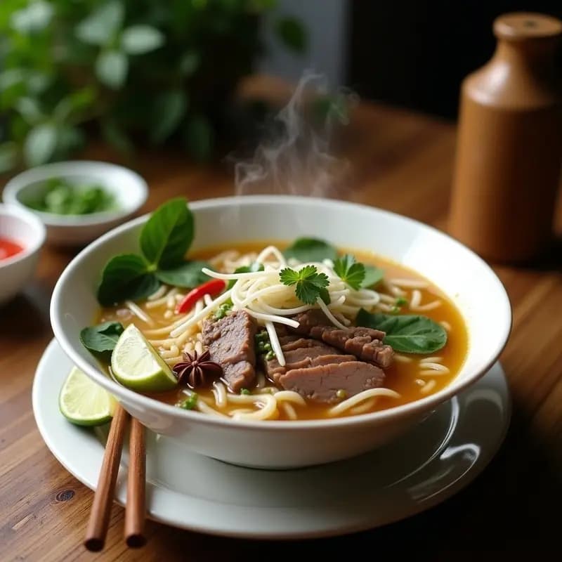 Cuenco hondo de cerámica negra con pho de ternera y arroz fideo, caldo dorado y transparente, trozos de ternera tierna, fideos de arroz blancos, brotes de soja crujientes, hierbas vietnamitas frescas y rodajas de limón verde. Plato tradicional vietnamita auténtico y nutritivo.