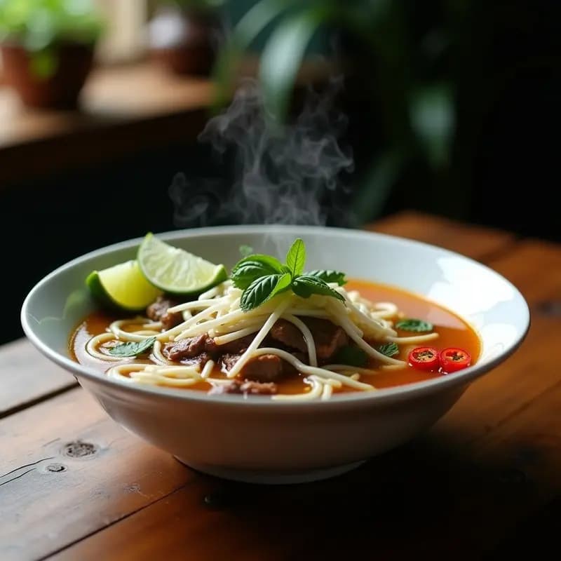 Cuenco hondo de cerámica negra con pho de ternera humeante, fideos de arroz blancos, brotes de soja crujientes, albahaca tailandesa fresca y rodajas de lima. Plato tradicional vietnamita servido con salsas hoisin y sriracha al lado.