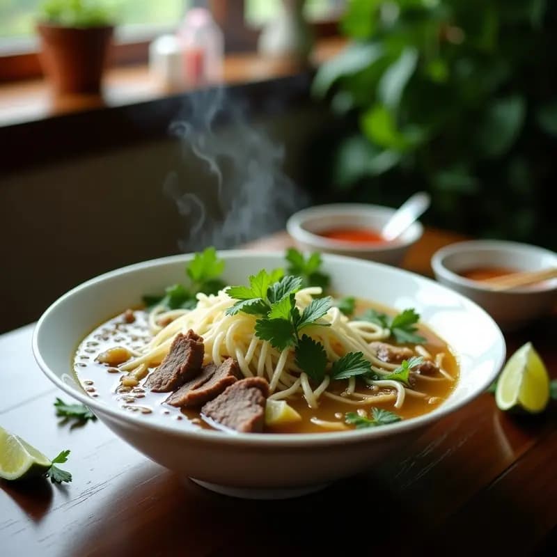 Cuenco hondo de cerámica blanca con pho de ternera vietnamita: caldo dorado y transparente con fideos de arroz blancos, láminas de ternera, brotes de soja crujientes, hojas de cilantro y menta fresca. Acompañado de gajos de limón y salsa sriracha en un plato de madera rústica.