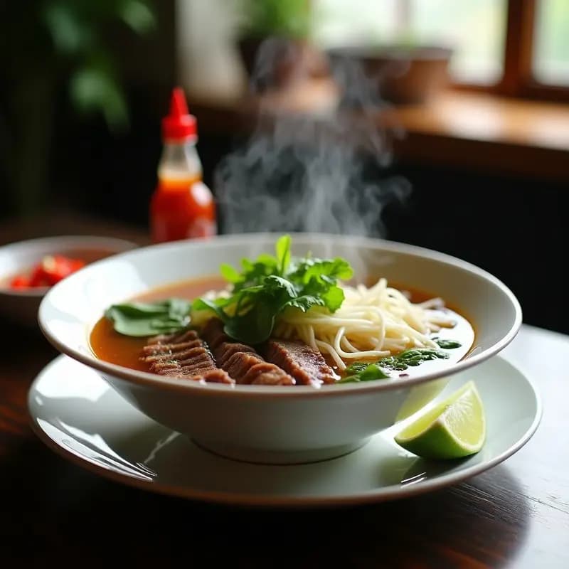 Cuenco hondo de cerámica blanca con pho vietnamita de ternera: caldo dorado transparente, láminas de ternera, fideos de arroz, brotes de soja frescos, hierbas verdes (cilantro y menta) y rodajas de limón verde. Fondos de especias tostadas y salsas al lado.