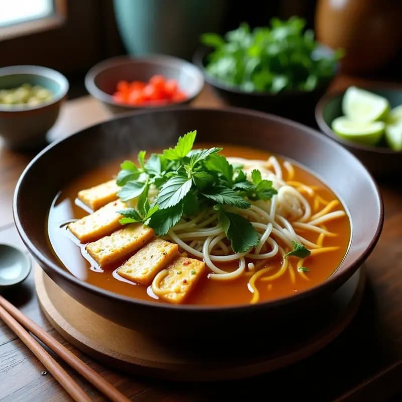 Cuenco hondo de pho vegano con caldo dorado aromático, fideos de arroz, tofu ahumado en tiras, brotes de soja frescos, hierbas vietnamitas (cilantro, menta y thai basil) y gajos de limón. Plato colorido y reconfortante, ideal para una receta detox y alta en proteína.