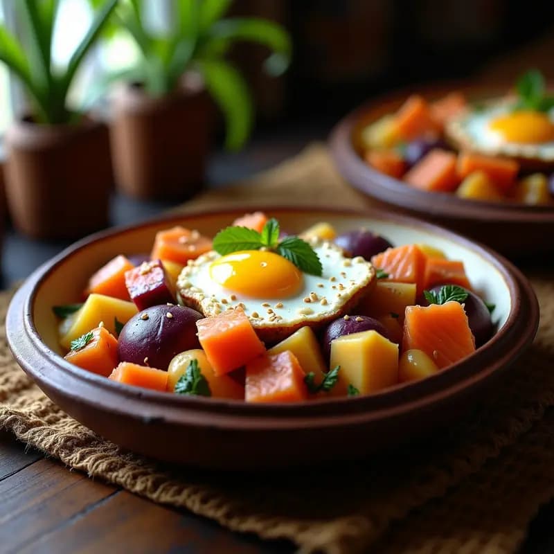 Plato de Photo Basel africano con salmón ahumado en trozos, patatas moradas en cubos, y una capa dorada de huevo con leche de coco, espolvoreado con semillas de sésamo. Receta tradicional de postre salado africano.