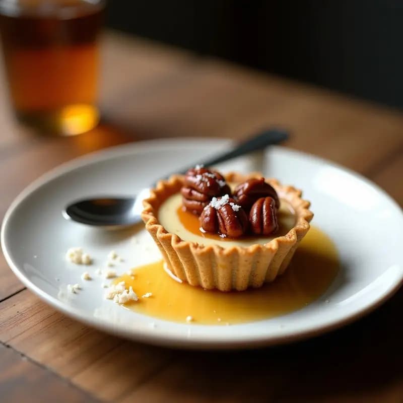 Phoudine de caramelo salado y nueces de pecana en molde individual de porcelana blanca, con caramelo dorado brillante, nueces tostadas enteras y escamas de sal marina sobre fondo rústico de madera oscura.
