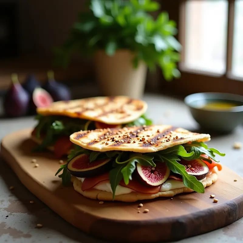 Piadina italiana vegana sin gluten abierta por la mitad, mostrando capas de rúcula fresca, láminas de higos caramelizados, prosciutto vegano dorado y queso de anacardos cremoso, espolvoreada con semillas de sésamo y nueces picadas sobre una tabla de madera rústica.