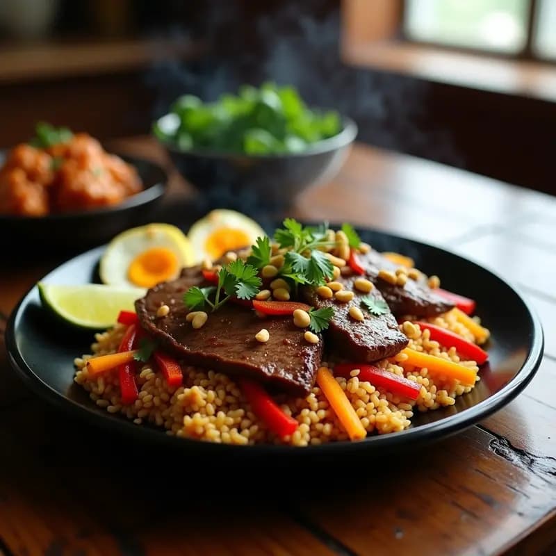 Plato hondo con Picaña Peruana en trozos jugosos, Lomo Saltado en tiras doradas con cebolla morada y tomate, y Arroz Chaufa amarillo con huevo revuelto, cebollín y culantro. Fusión chino-peruana en sartén con texturas vibrante.