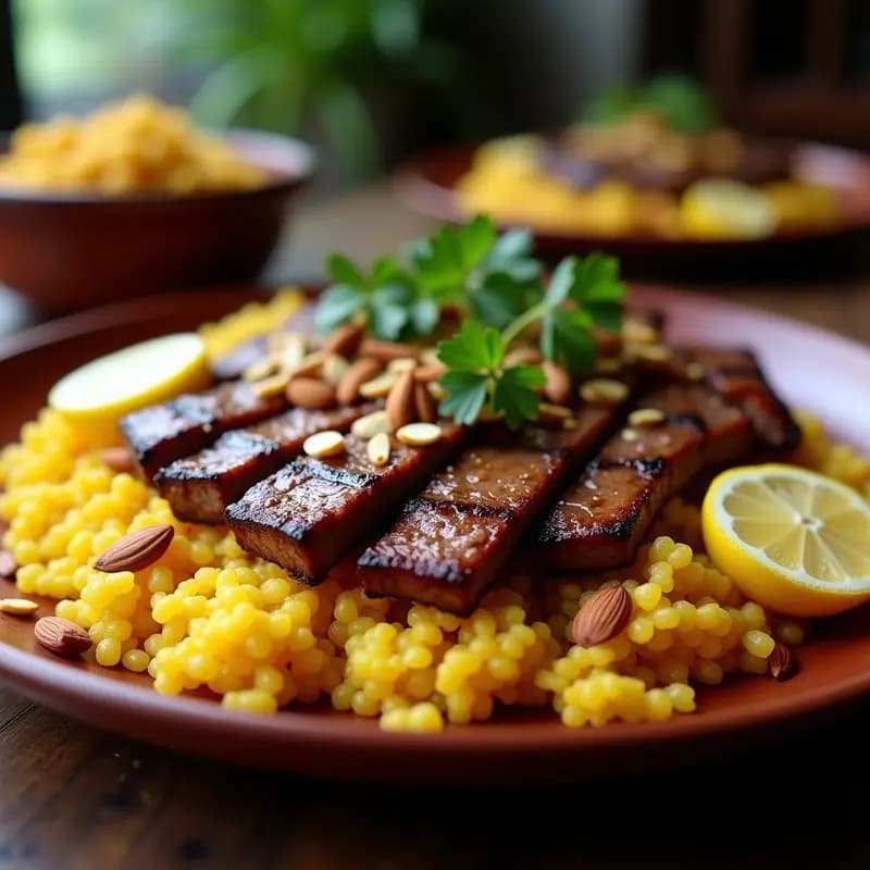 Plato gourmet de Picanha Brasileña en rodajas gruesas con costra dorada, acompañada de farofa de yuca crujiente y dorada, bañada con vinagreta de limón brillante. Decoración con perejil fresco y gajos de limón al lado, servida en plato de barro sobre mesa rústica de madera.