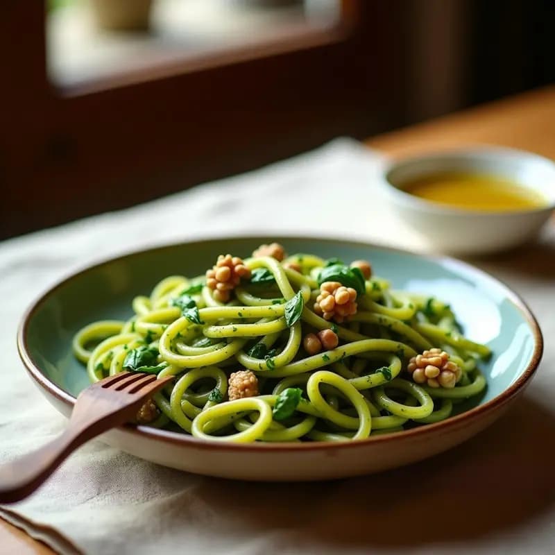 Plato hondo de cerámica blanca con pici italianos rústicos bañados en un vibrante pesto verde de espinacas y nueces, decorado con nueces picadas y un hilo de aceite de oliva. Receta sin lactosa en Thermomix.