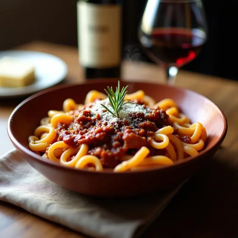 Plato hondo de barro con pici al ragù toscano, pasta gruesa casera bañada en salsa oscura de carne y vino tinto, espolvoreada con queso Pecorino rallado y decorada con una rama de romero fresco.