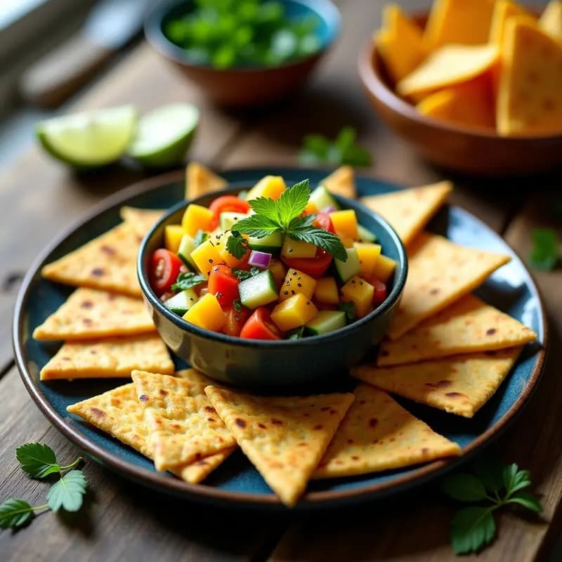 Plato colorido con pico de gallo de mango y pepino, cubos de mango amarillo, pepino verde, tomate rojo y cebolla morada, acompañado de triángulos crujientes de tortillas de maíz azul tostadas sobre una mesa rústica de madera con hojas de cilantro y menta como decoración.