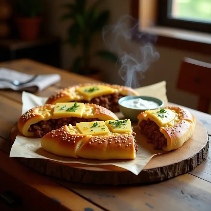 Pide turca dorada y crujiente rellena de carne picada especiada y queso halloumi gratinado, servida en bandeja de horno con semillas de sésamo, receta tradicional para compartir.