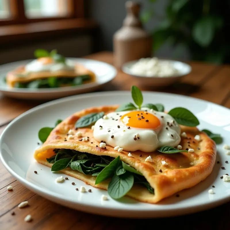 Pide turca dorada rellena de espinacas y queso feta, servida en plato blanco con huevo poché encima, yogur griego y semillas de sésamo, receta para desayuno o cena.