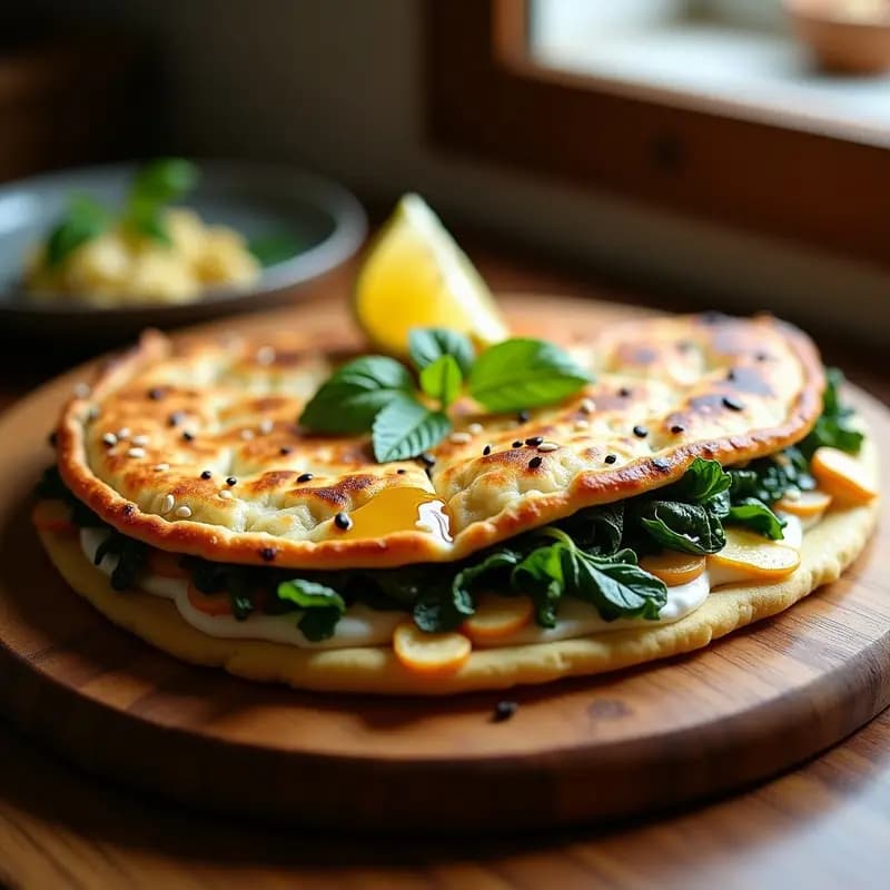 Pide turca dorada y crujiente rellena de espinacas frescas y queso halloumi gratinado, servida en plato rústico de barro con semillas de sésamo y pimentón de Alepo espolvoreado. Receta de street food en 15 minutos.