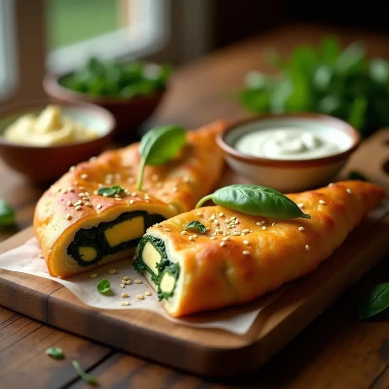 Pide turca en forma de barco rellena de queso halloumi y espinacas, dorada y crujiente, con semillas de sésamo espolvoreadas, sobre una bandeja de madera rústica con hierbas frescas de decoración.