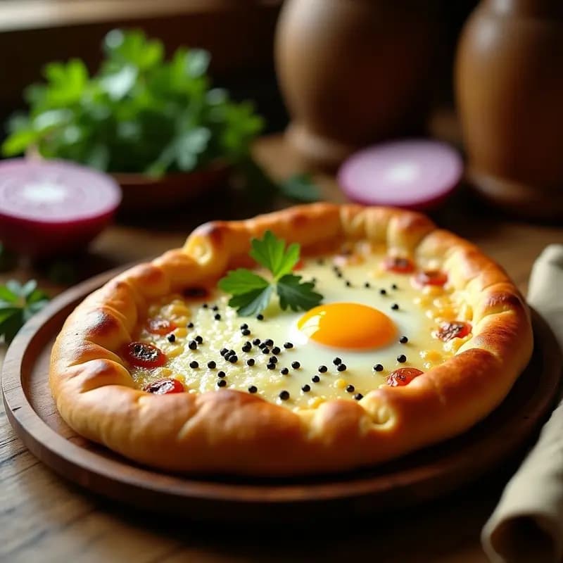 Pide turca dorada al horno con base crujiente, rellena de huevo esponjoso, queso kaşar derretido y semillas de nigella, acompañada de perejil fresco y cebolla morada.