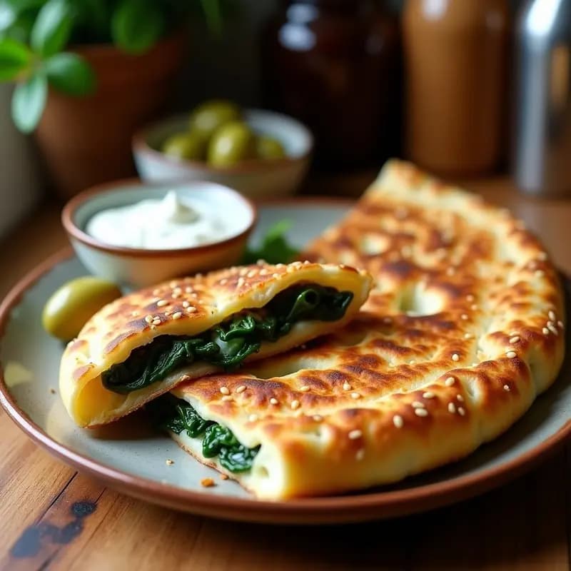 Pide turca dorada y crujiente con relleno cremoso de espinacas y queso Beyaz, espolvoreada con semillas de sésamo, servida en bandeja de madera rústica.